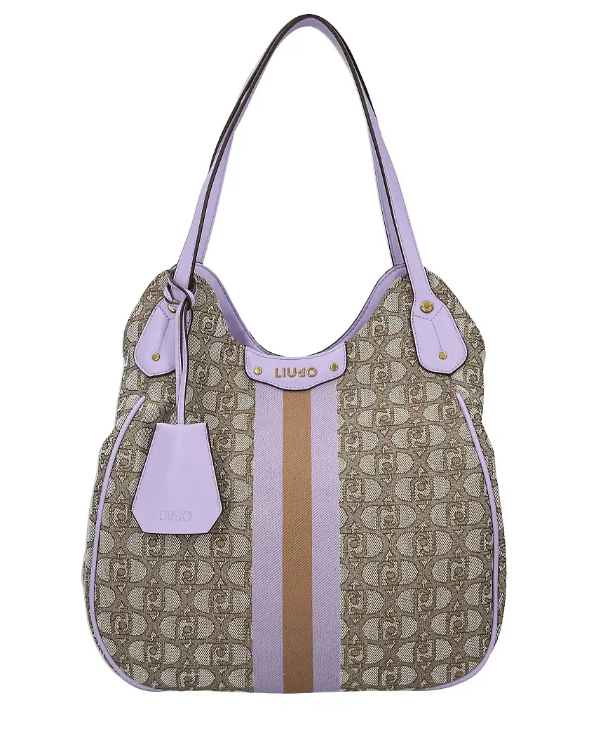 Shopping bag a sacca in canvas a motivo logo monogram beige e noce con inserti e profili in similpelle lilla