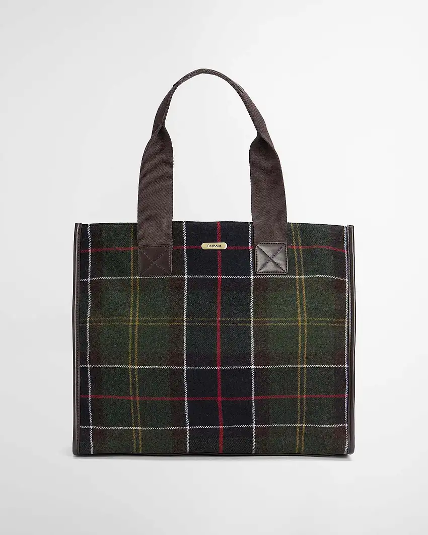 Tote bag Barbour Turnberry in tartan verde e blu di misto lana con manici marroni rifiniti in similpelle