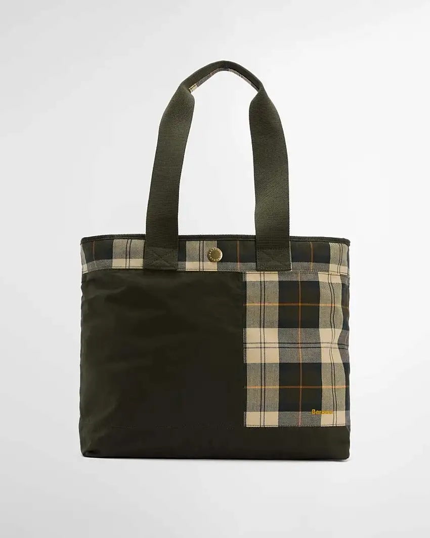 Tote bag Barbour Mya in cotone cerato verde con inserti in tartan di cotone