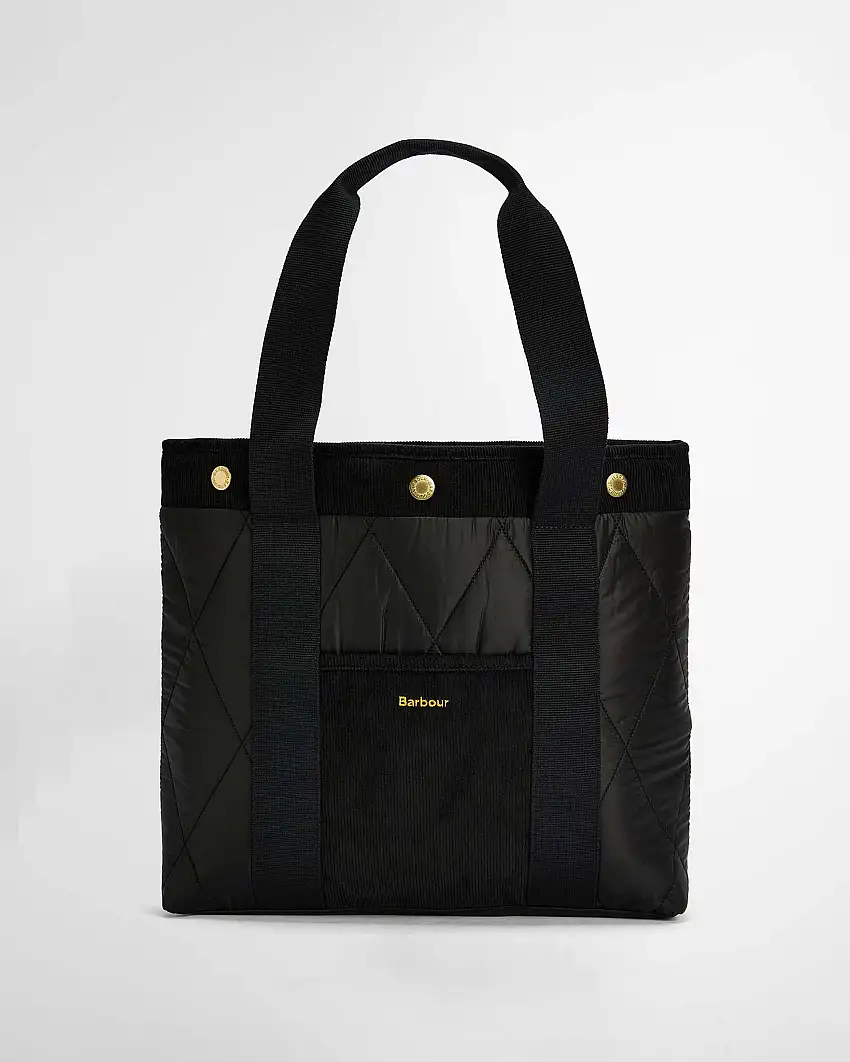 Tote bag Healy Barbour nera in tessuto trapuntato a rombi con tasca esterna in velluto a costine