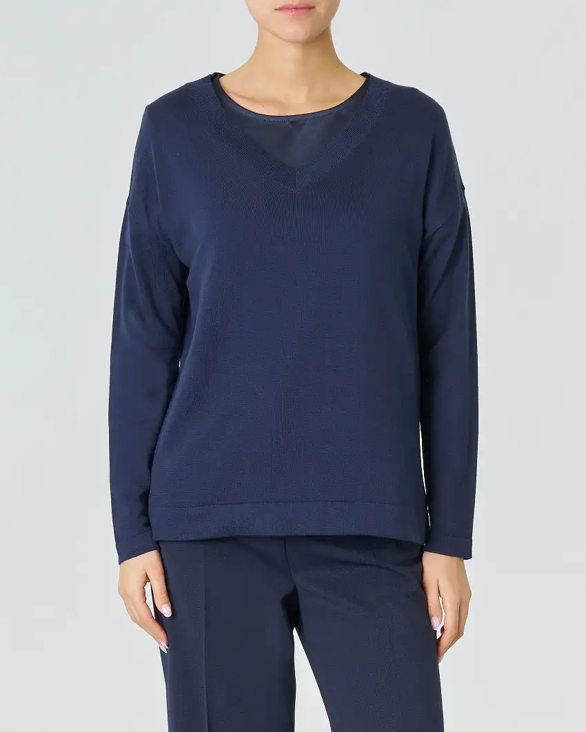 Maglia blu in seta e cotone dalla linea dritta con scollo a V