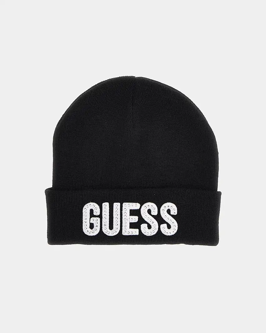 Berretto nero a costine con risvolto e scritta logo bianca con strass