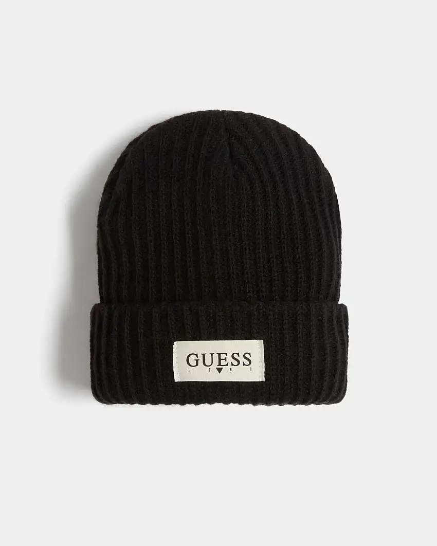 Berretto nero a coste con risvolto e logo