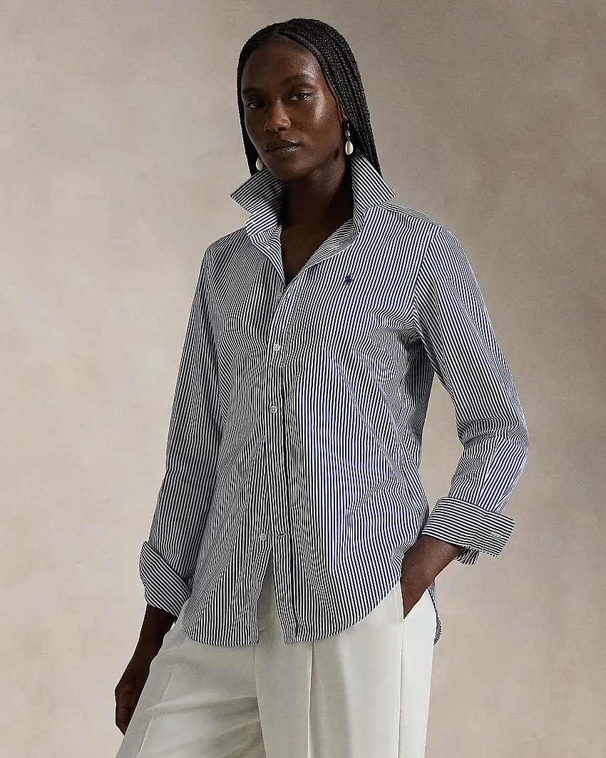 Camicia blu a righe bianche Polo Ralph Lauren in popeline di cotone con logo blu ricamato sul petto