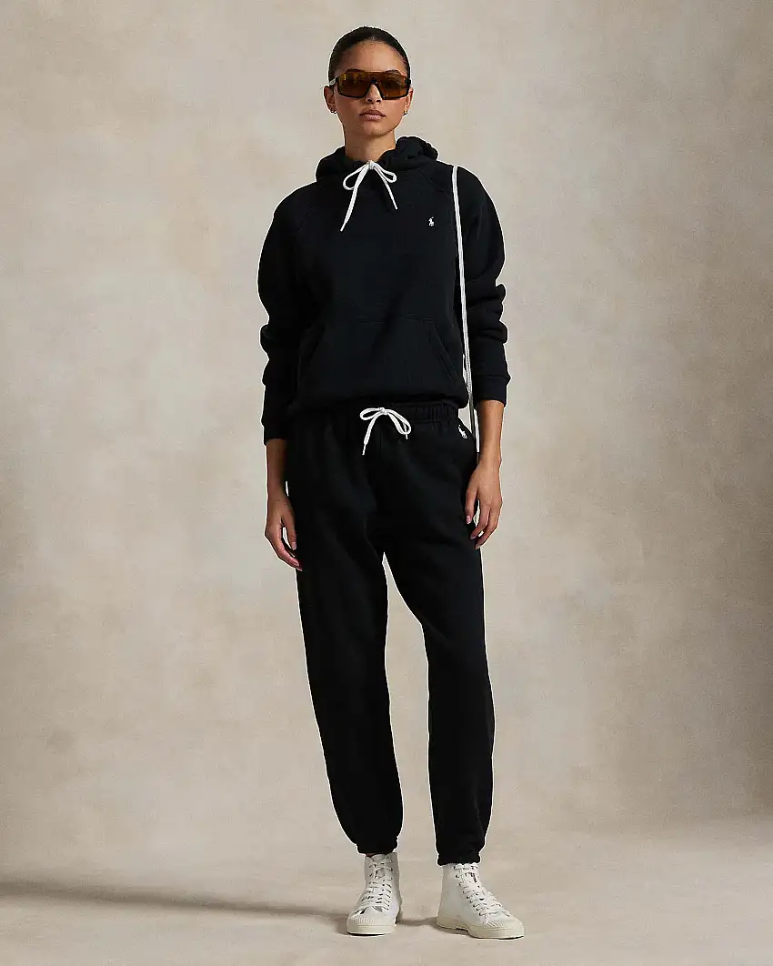 Pantaloni neri in felpa Polo Ralph Lauren in misto cotone felpato con coulisse in vita e logo a contrasto di colore