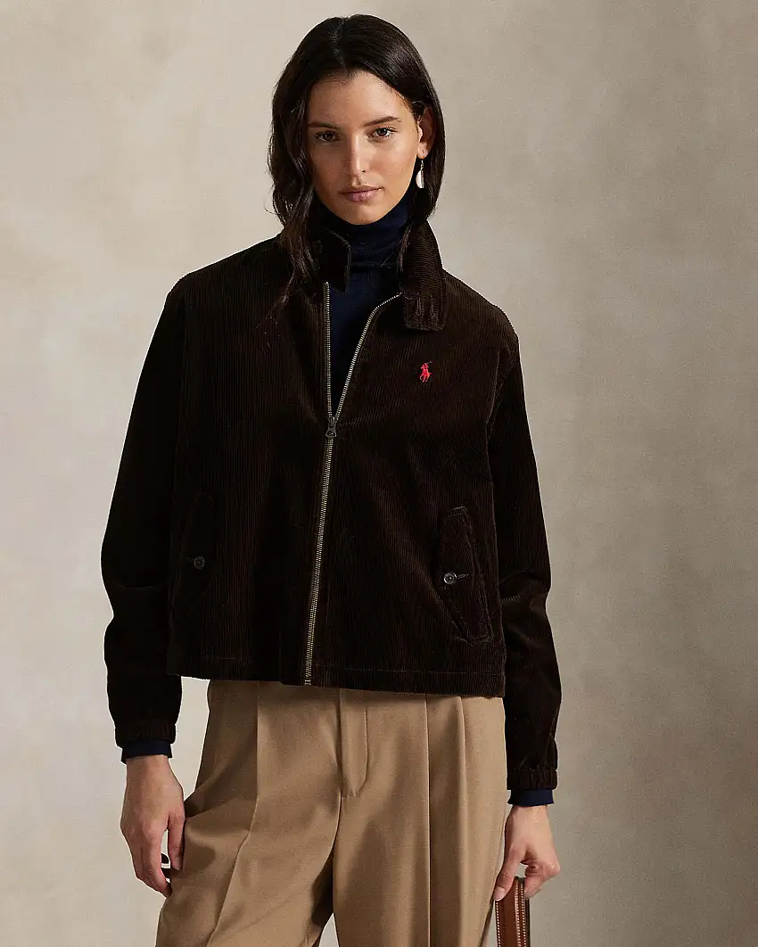 Giubbino marrone Polo Ralph Lauren in velluto di cotone a coste con logo sul petto e colletto in piedi