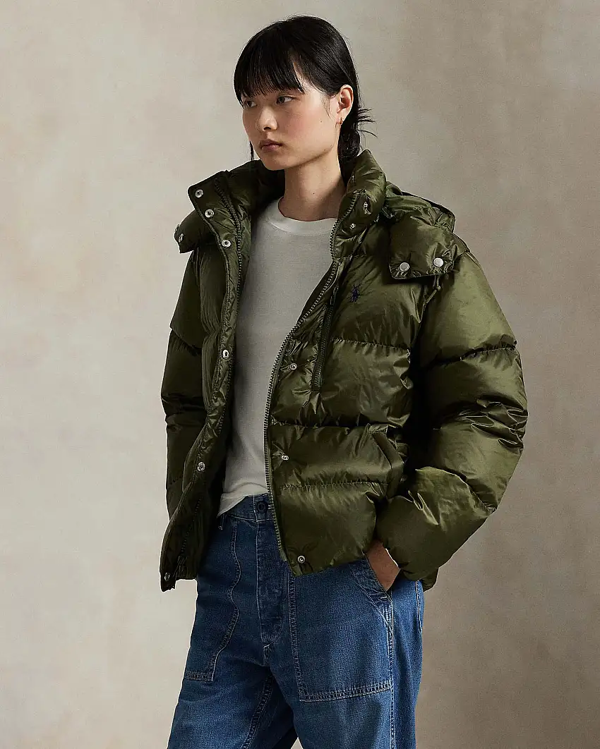 Piumino verde militare Polo Ralph Lauren con imbottitura in piuma naturale e cappuccio removibile