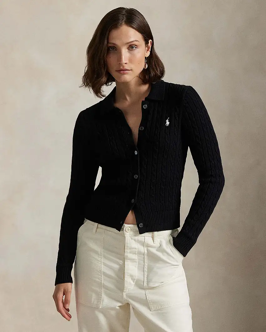 Maglia nera in cotone a trecce Polo Ralph Lauren con colletto a camicia e chiusura a bottoni