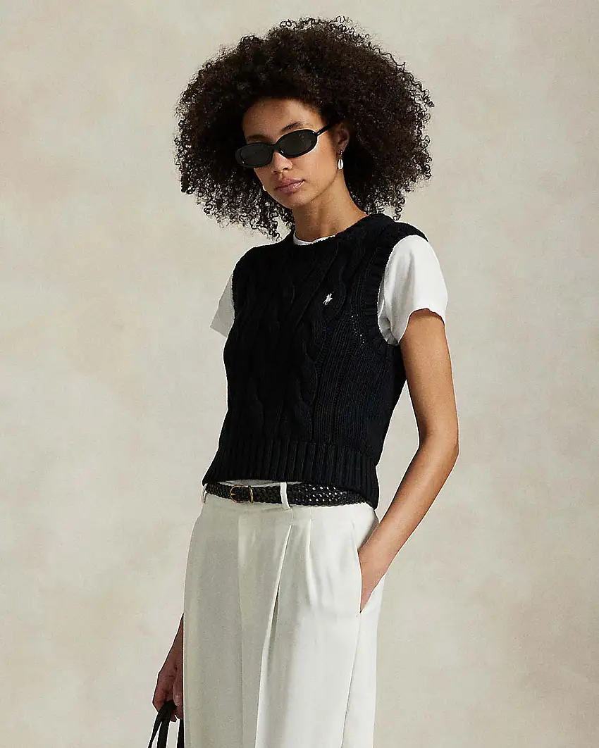 Gilet nero Polo Ralph Lauren in cotone a maxi trecce con scollo tondo e logo ricamato sul petto