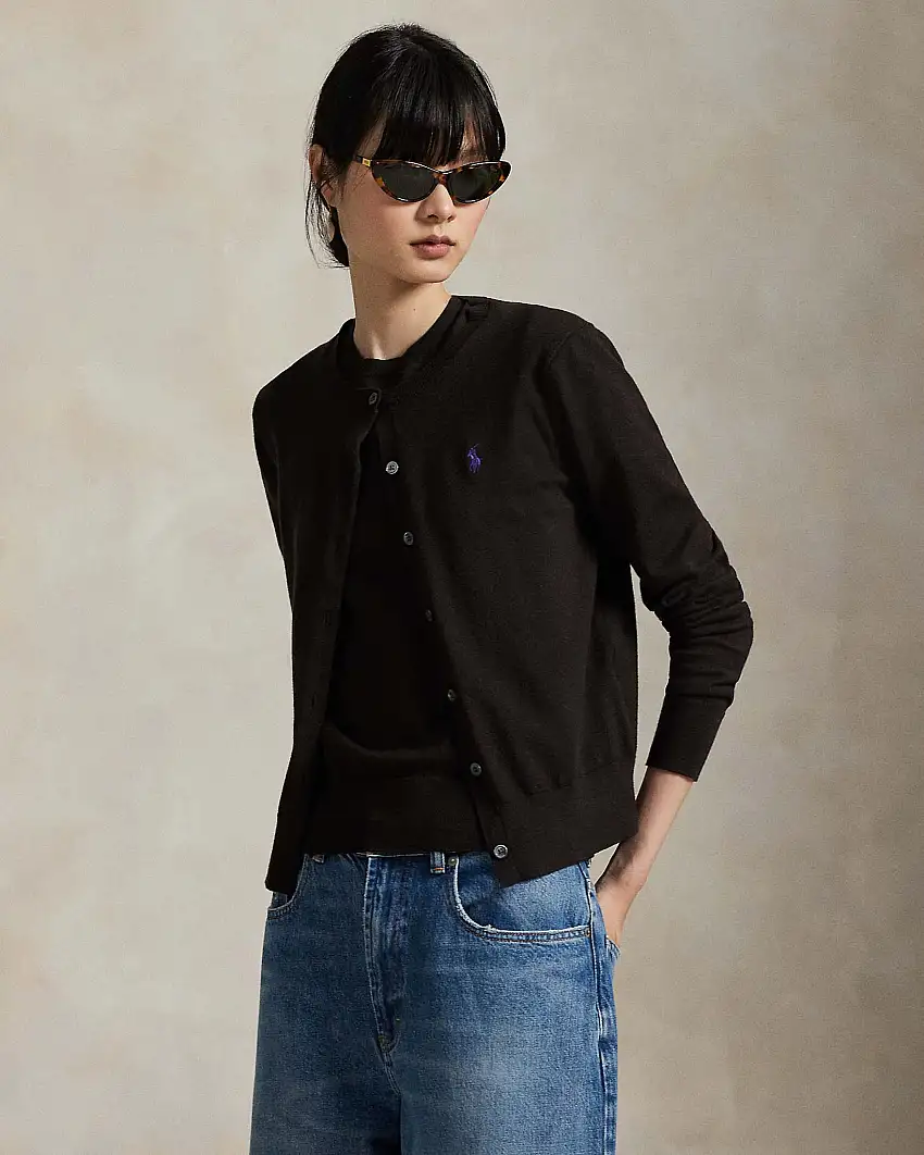 Cardigan color testa di moro Polo Ralph Lauren in cotone rasato con scollo a giro e logo ricamato a contrasto