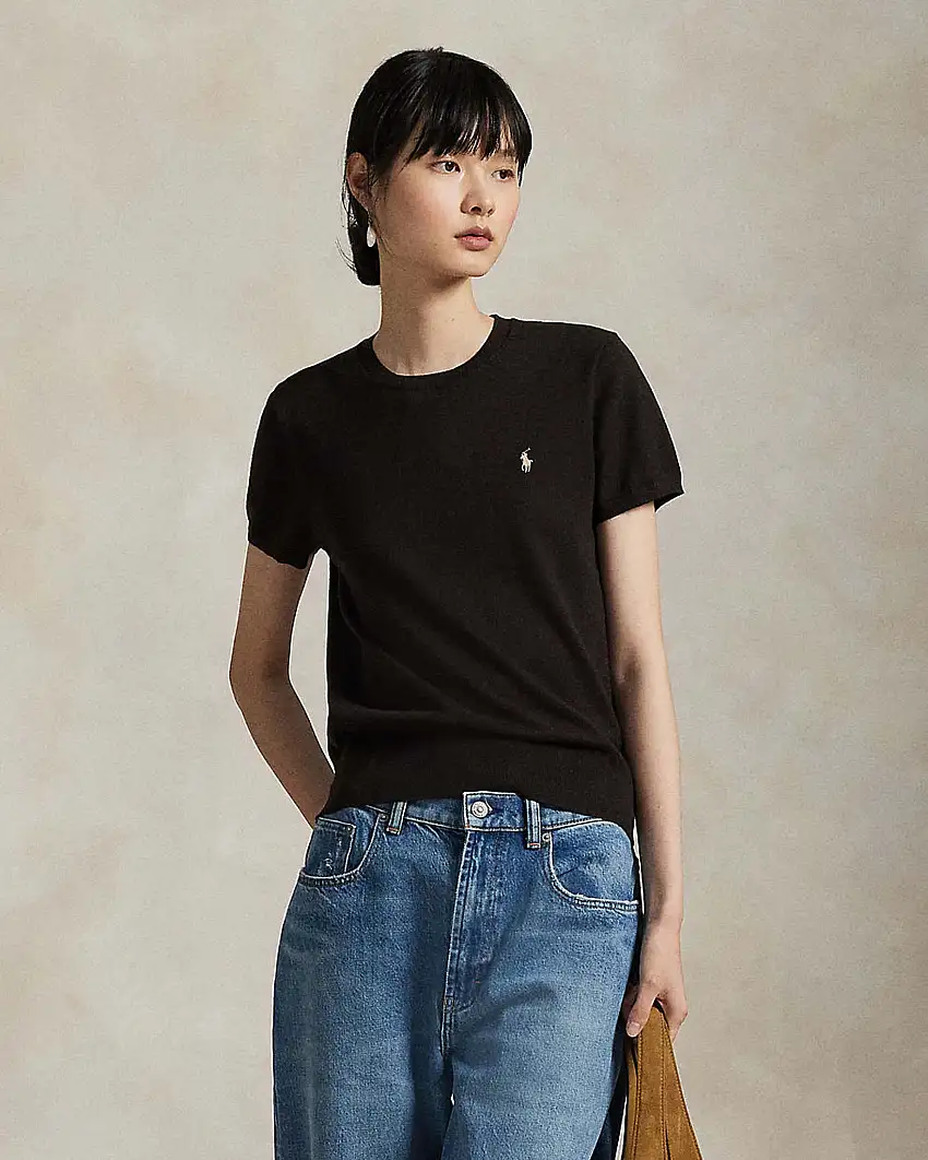 Maglia maniche corte color testa di moro Polo Ralph Lauren in cotone rasato con scollo a giro e logo ricamato a contrasto