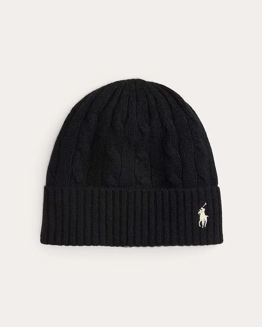 Berretto nero Polo Ralph Lauren in lana e cashmere a trecce con logo ricamato a contrasto sul risvolto