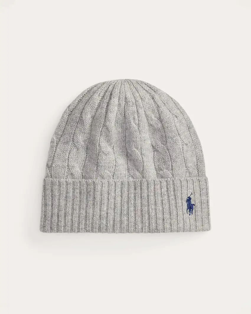 Berretto grigio Polo Ralph Lauren in lana e cashmere a trecce con logo ricamato a contrasto sul risvolto