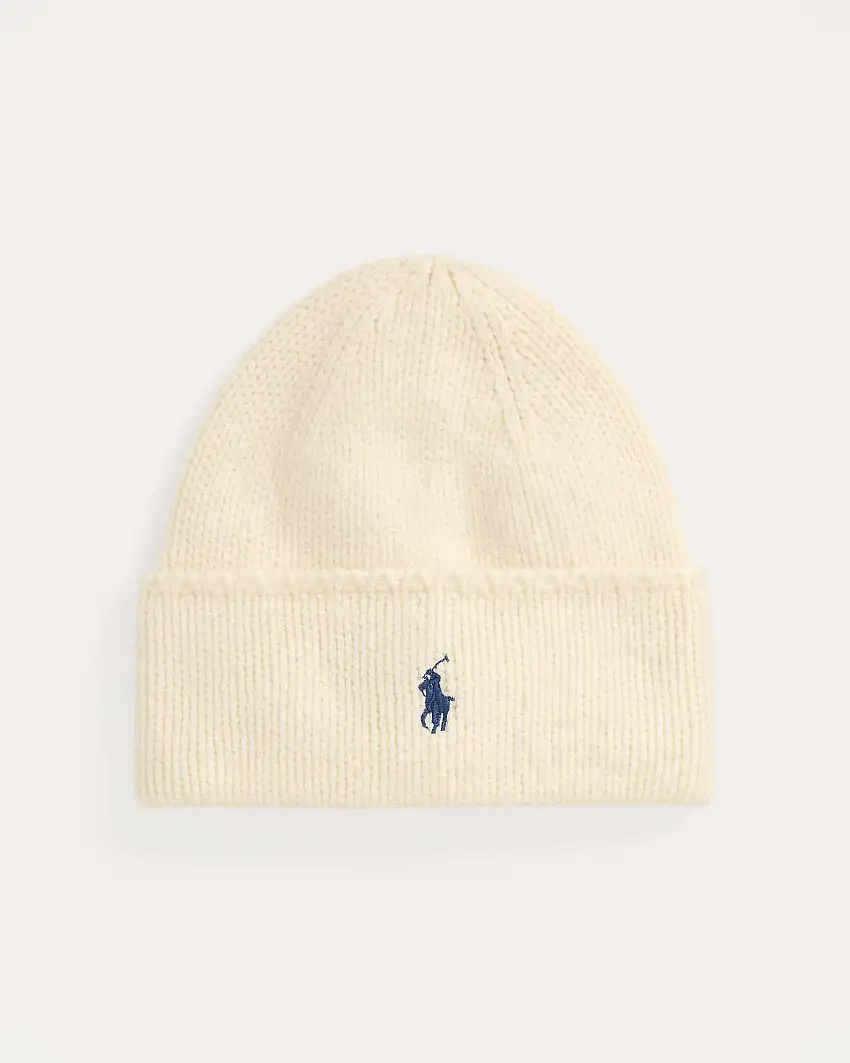 Berretto color avorio Polo Ralph Lauren in lana punto a costine con risvolto e logo a contrasto ricamato al centro