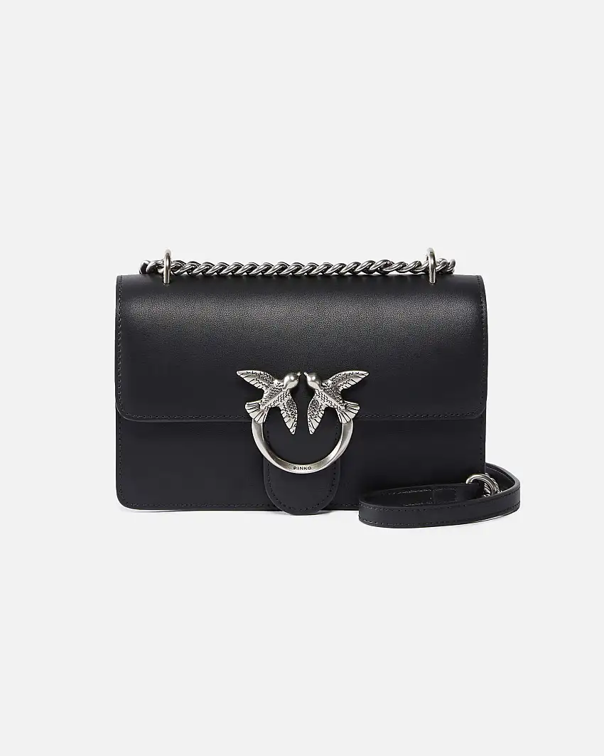 Mini Classic Love Bag one Simply in pelle liscia nera con fibbia argento Love Birds e tracolla a catena regolabile