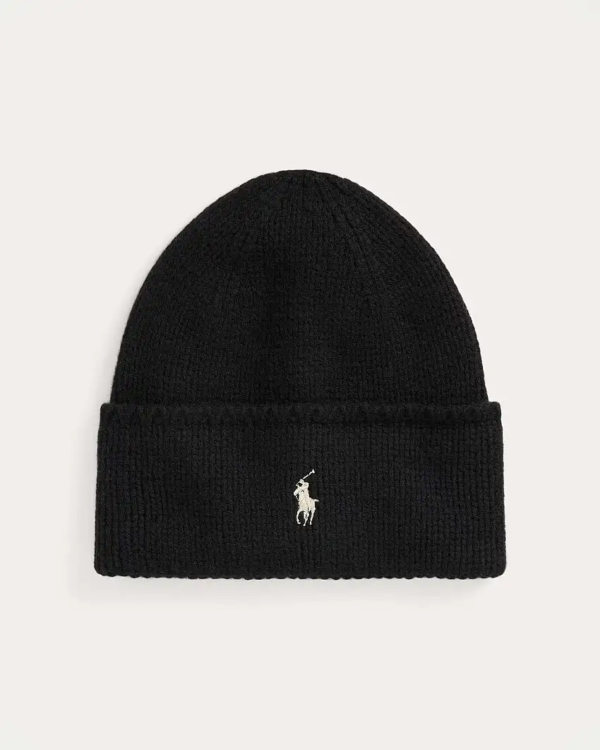 Berretto nero Polo Ralph Lauren in lana punto a costine con risvolto e logo a contrasto ricamato al centro