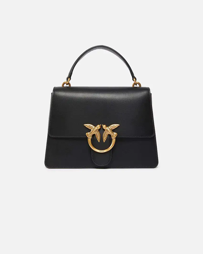 Love Bag Top Handle Light nera Pinko in pelle liscia a forma a trapezio con fibbia Love Birds dorata sulla patta di chiusura