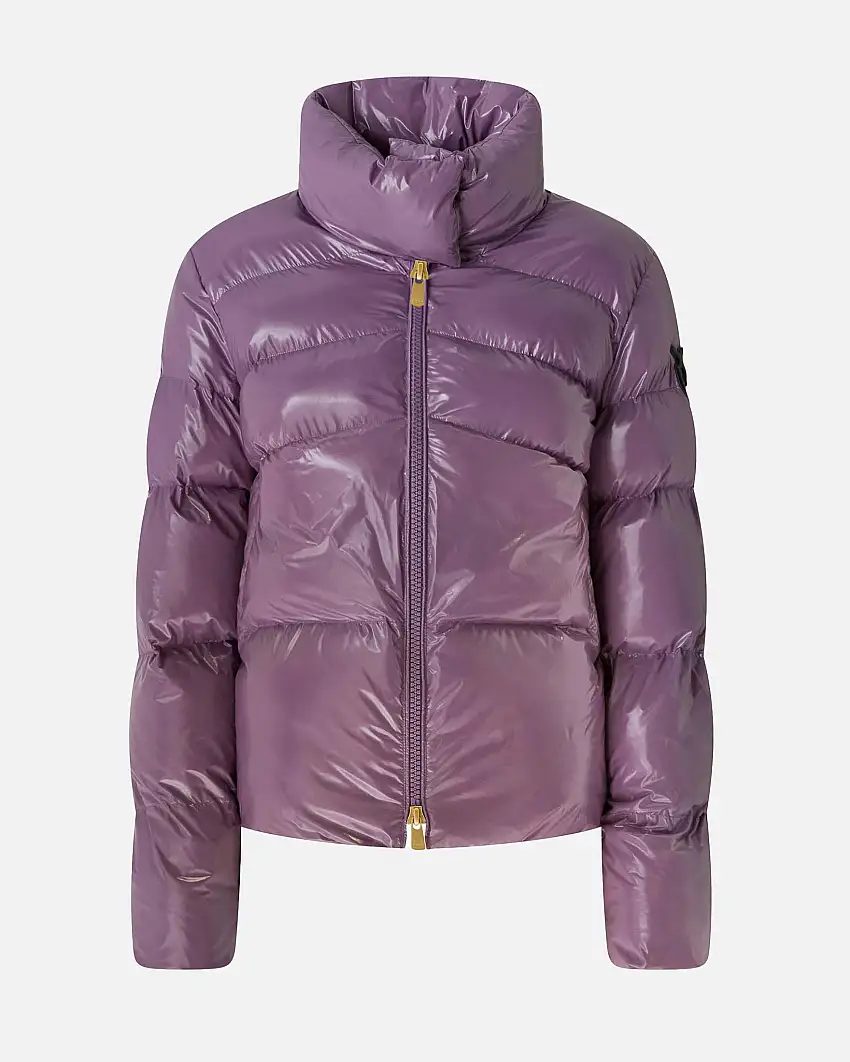 Piumino viola Pinko crystal nylon dal finishing lucido con colletto in piedi