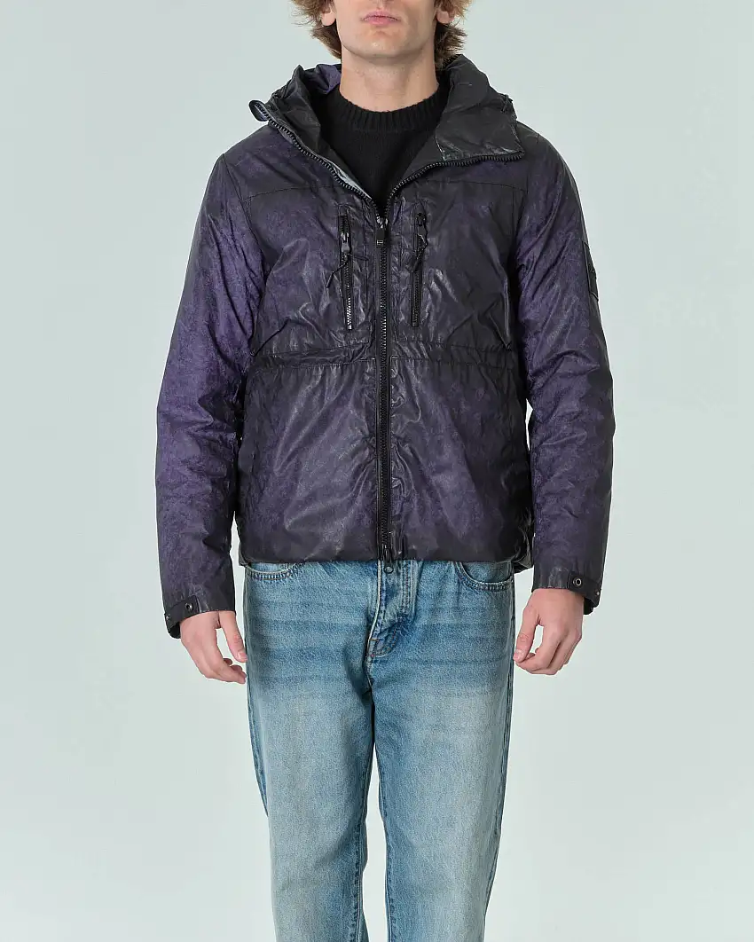 Giubbino Neba viola in tessuto con laminazione riflettente imbottito in piuma