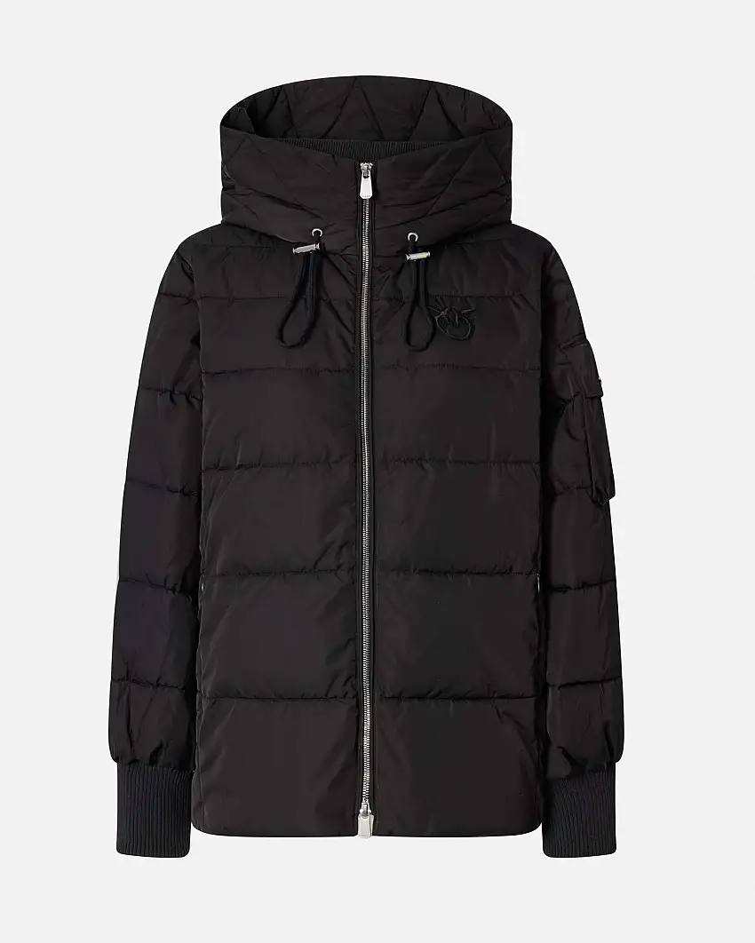 Piumino nero Pinko dalla linea a campana in tela tecnica con cappuccio e logo applicato sul petto