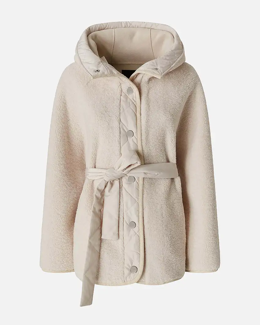 Cappotto color panna Pinko in similpelliccia effetto teddy con cappuccio e profili in tela tecnica abbinata