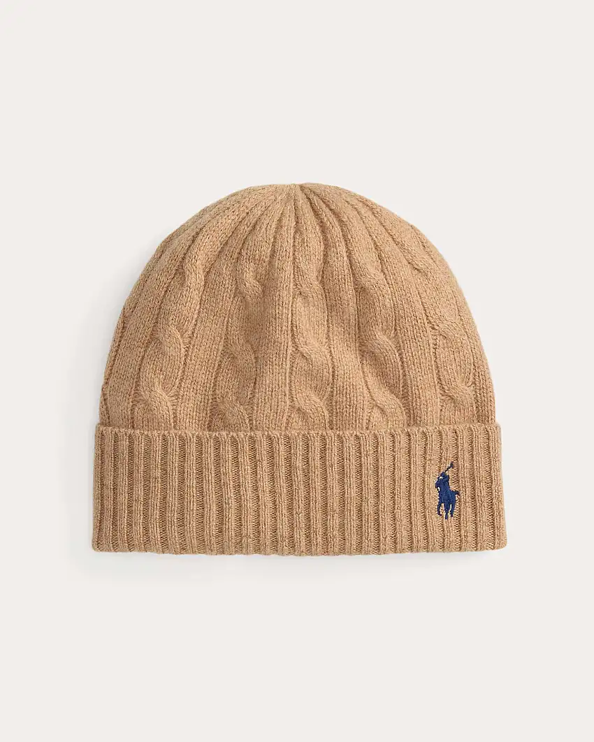 Berretto color cammello Polo Ralph Lauren in lana e cashmere a trecce con logo ricamato a contrasto sul risvolto