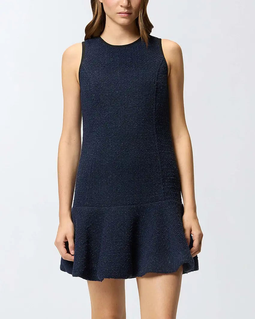 Abito corto blu senza maniche Pinko in bouclé di misto cotone con balza sulla gonna