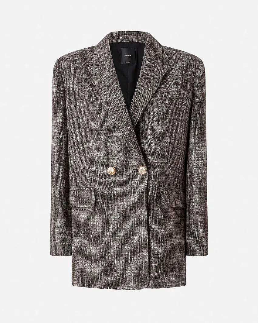 Blazer over Pinko in tweed di misto cotone grigio e marrone con chiusura doppiopetto a bottone dorato
