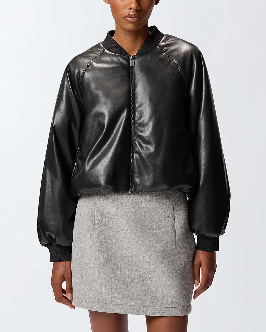 Bomber nero Pinko in similpelle imbottito con colletto a listino in tessuto