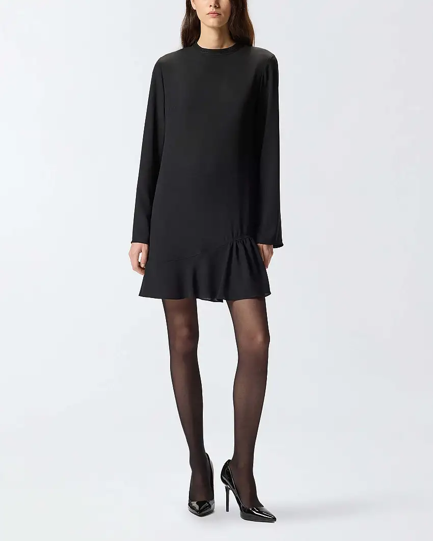 Abito corto nero Pinko in crêpe tecnico con maniche lunghe e arricciatura sul fondo