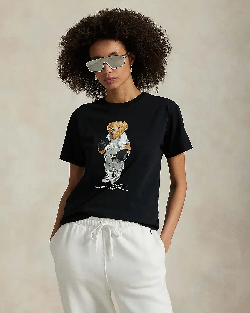T-shirt nera in cotone con Polo Bear boxeur stampata sul davanti