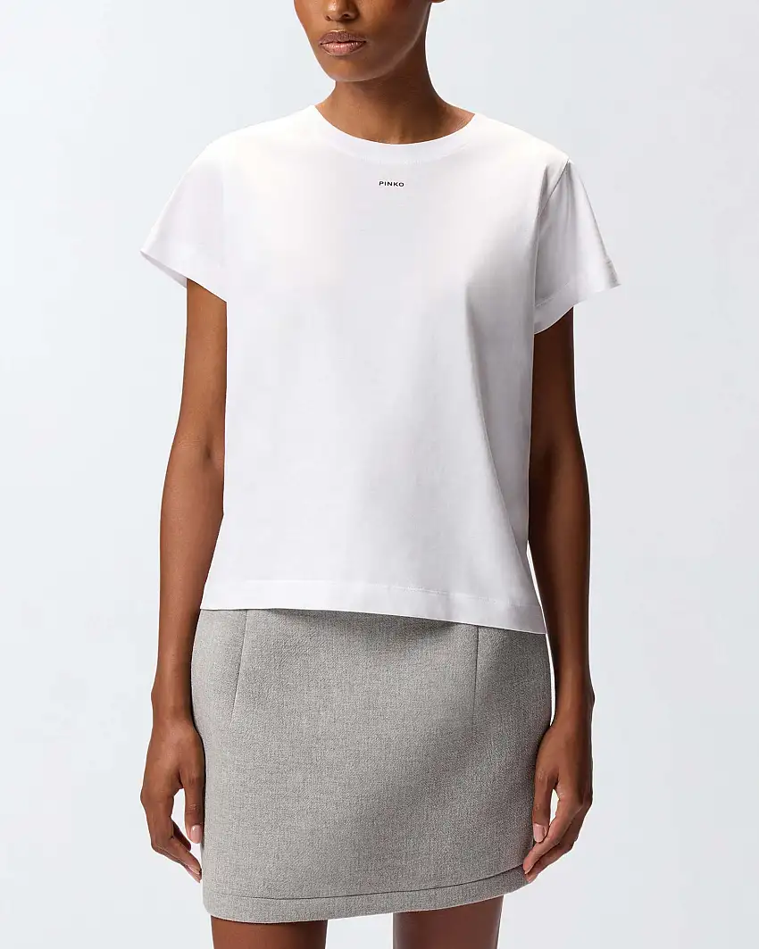 T-shirt bianca in cotone a maniche corte Pinko con mini logo stampato a contrasto sul petto