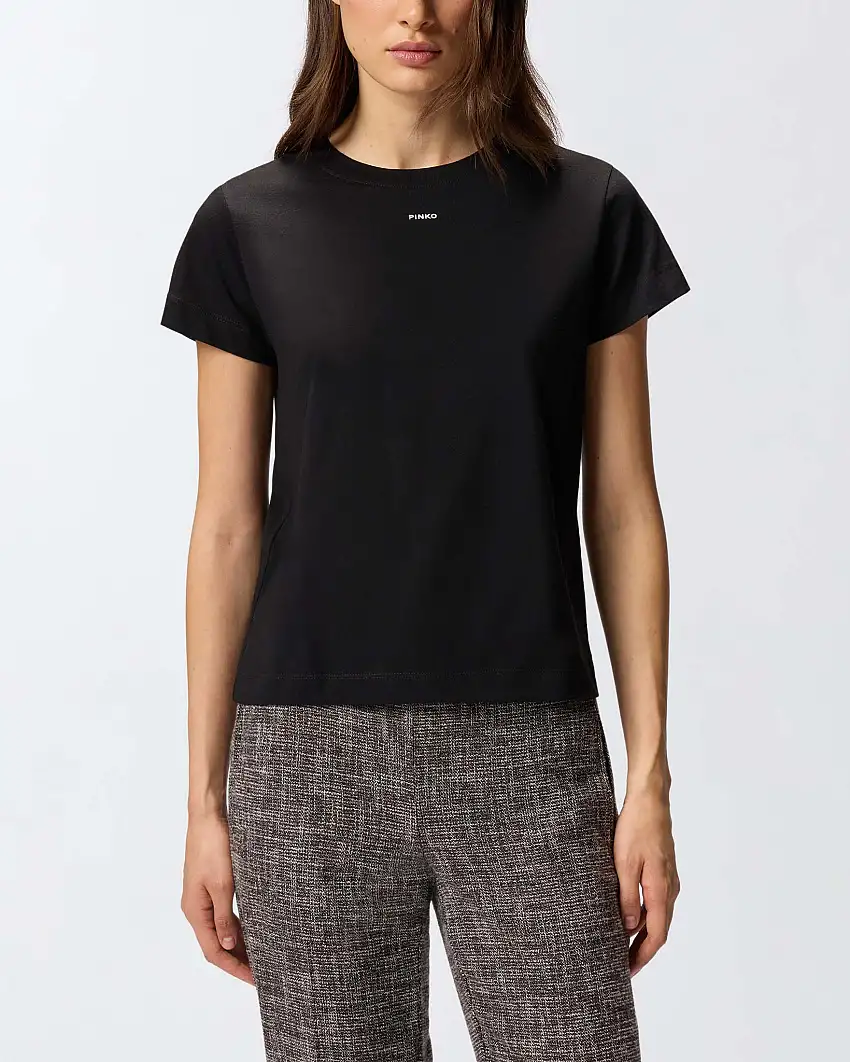 T-shirt nera in cotone a maniche corte Pinko con mini logo stampato a contrasto sul petto