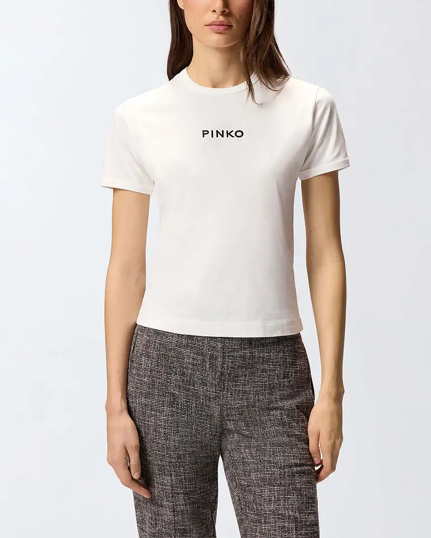 T-shirt bianca in cotone a maniche corte Pinko con scritta logo nera ricamata sul petto