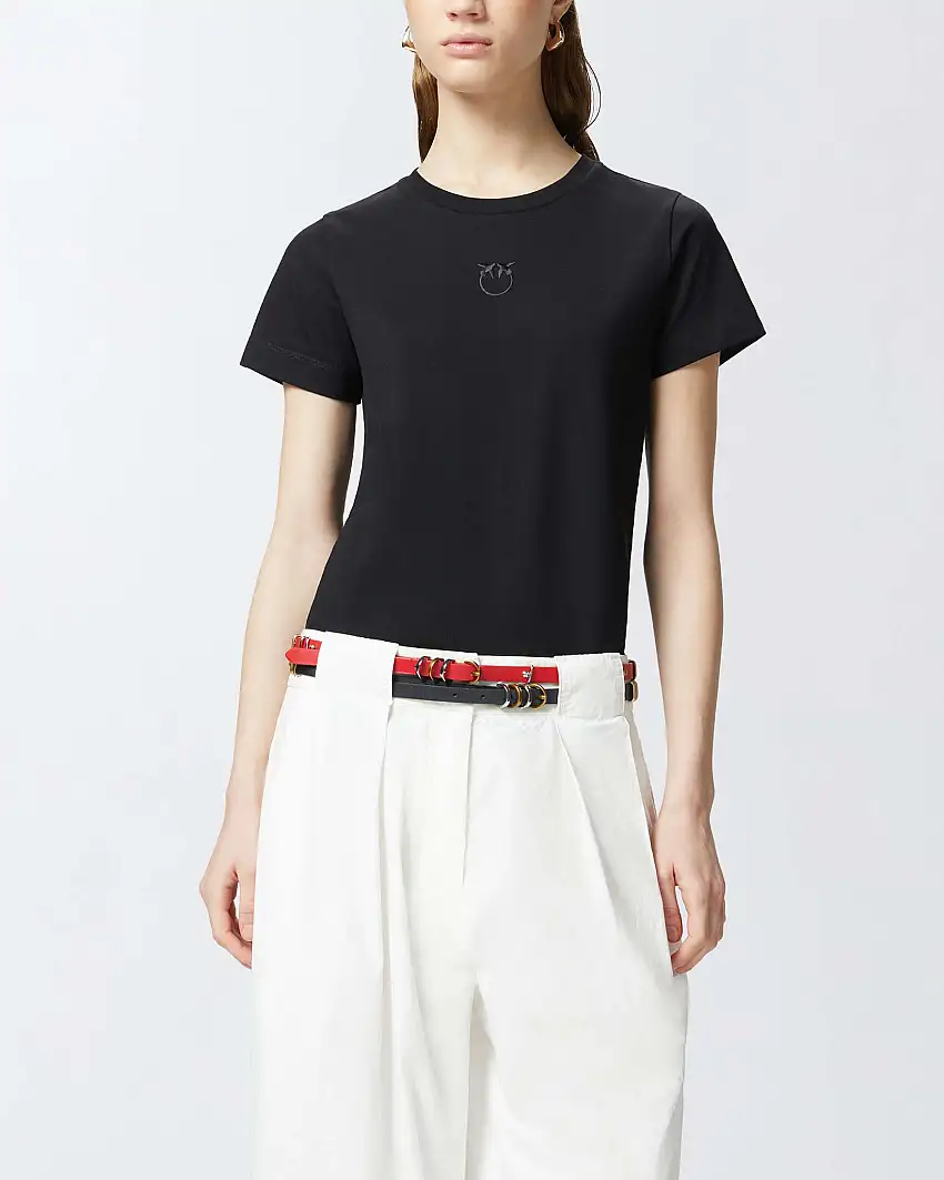 T-shirt nera in cotone Pinko con logo ricamato tono su tono sul petto