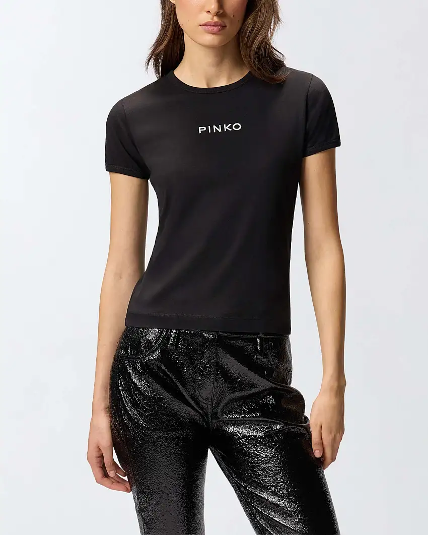 T-shirt nera in cotone a maniche corte Pinko con scritta logo nera ricamata sul petto