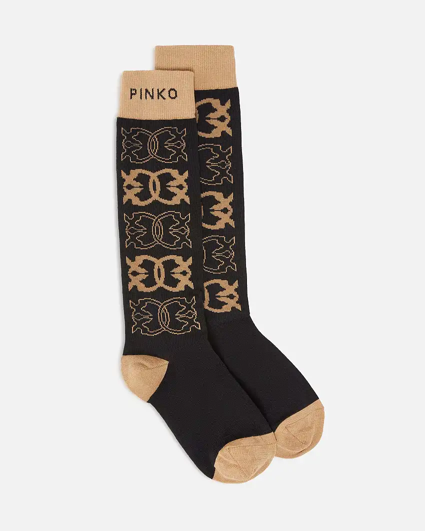 Calzini medi neri Pinko in misto cotone a fantasia jacquard monogramm color cammello