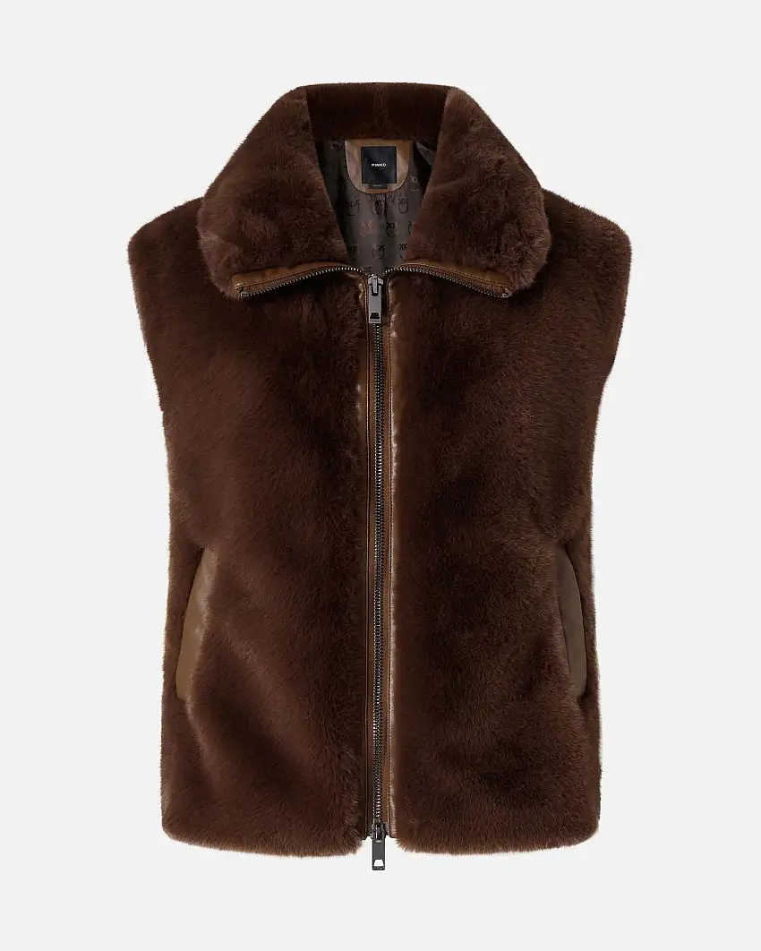 Gilet color testa moro Pinko in ecopelliccia con maniche ad aletta e profili in similpelle tono su tono