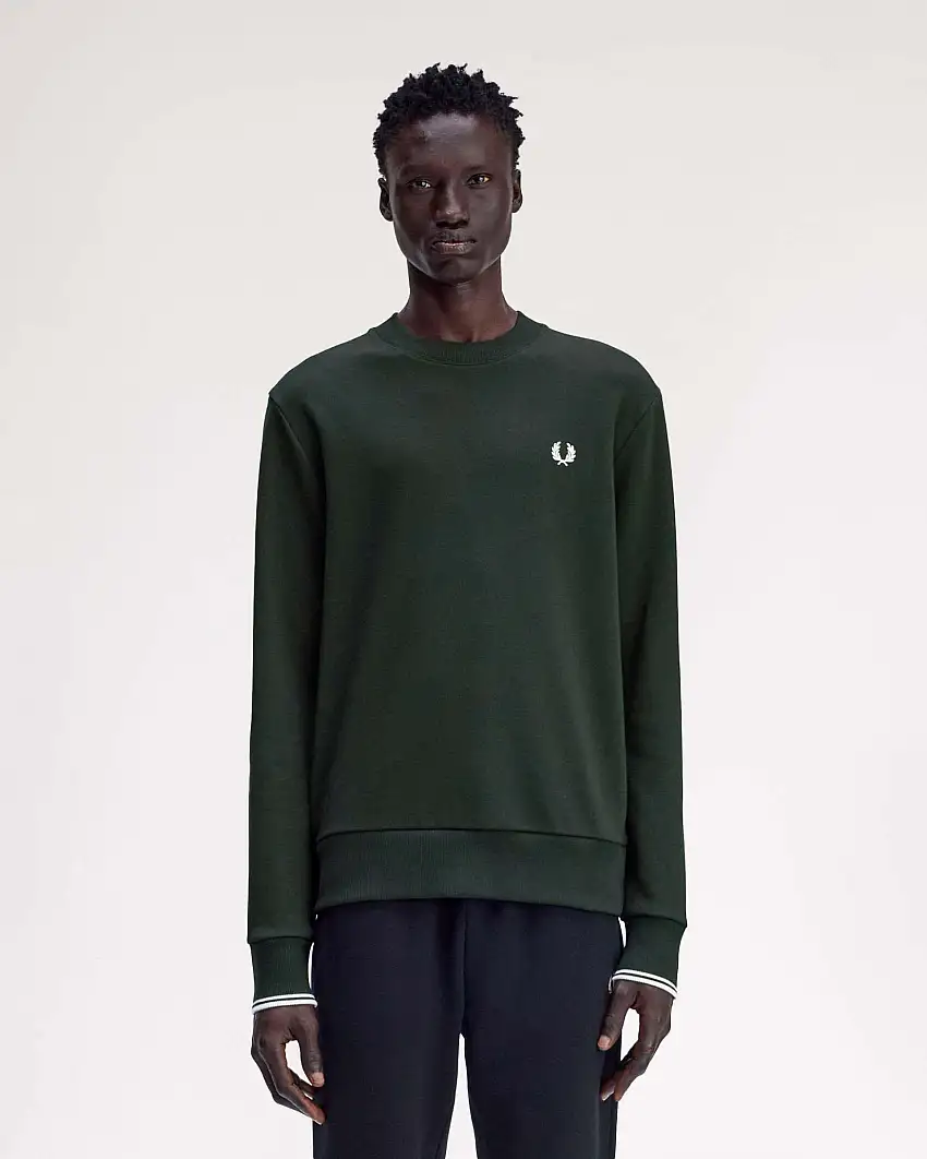 Felpa girocollo Fred Perry verde con bordino bianco sulla manica