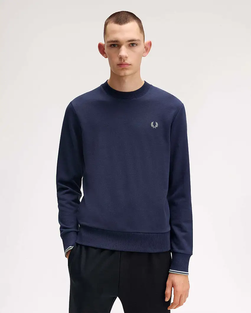 Felpa girocollo Fred Perry blu indaco con bordino bianco e grigio sulla manica