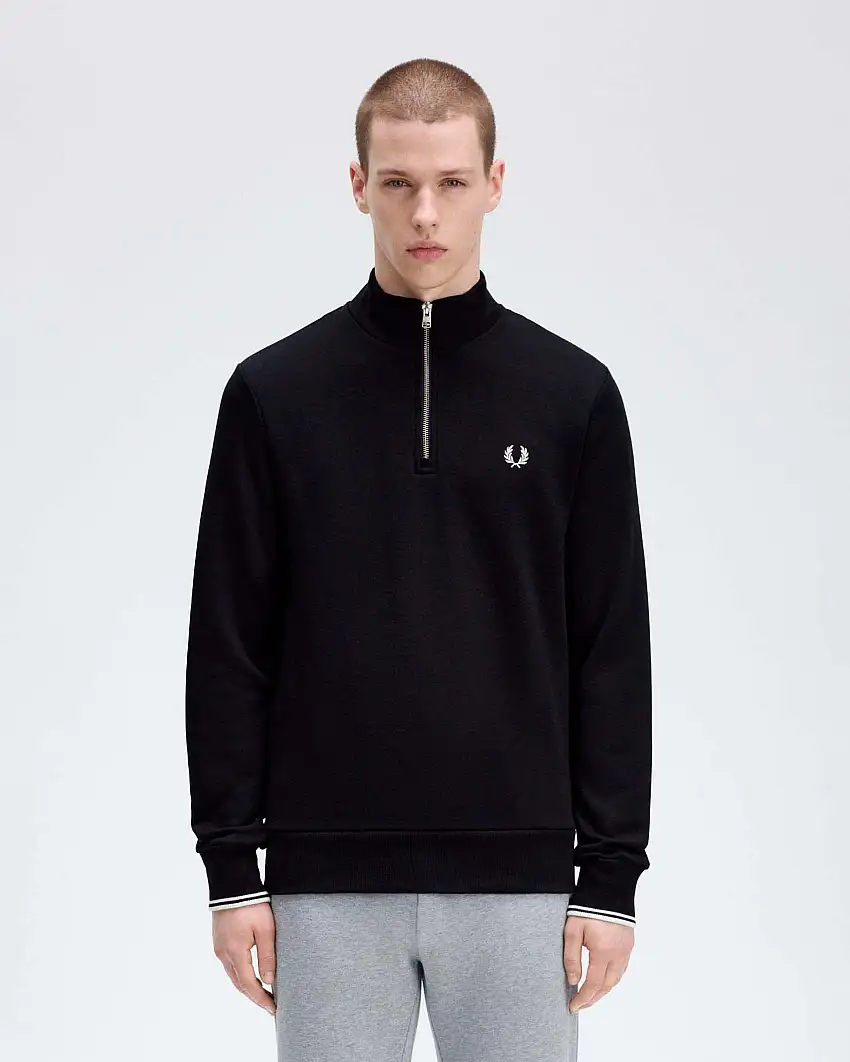 Felpa Fred Perry nera in cotone con apertura a mezza zip