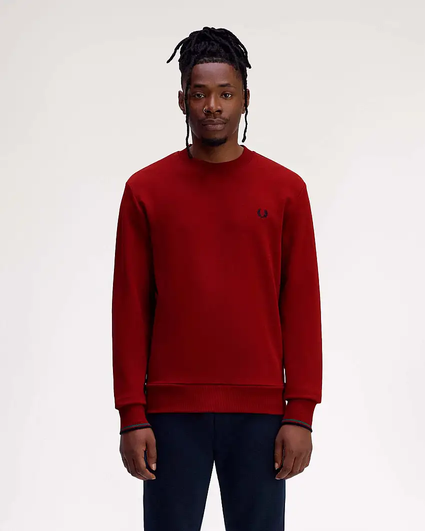 Felpa girocollo Fred Perry rossa con bordino blu e grigio sulla manica