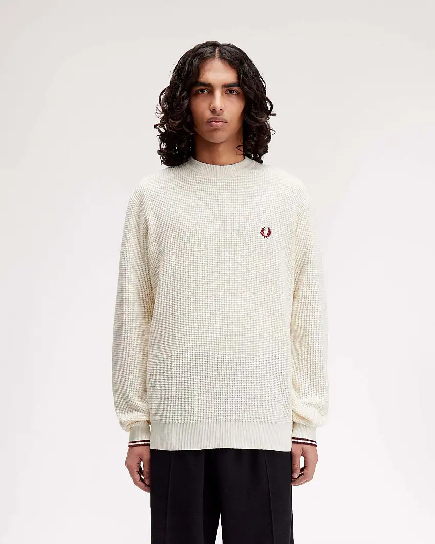 Maglia girocollo Fred Perry color panna in puro cotone punto waffle