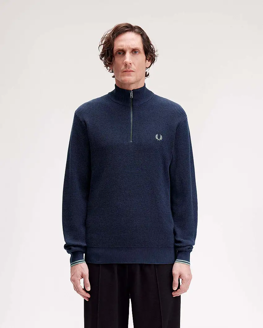 Maglia Fred Perry blu indaco in puro cotone punto waffle con apertura a mezza zip