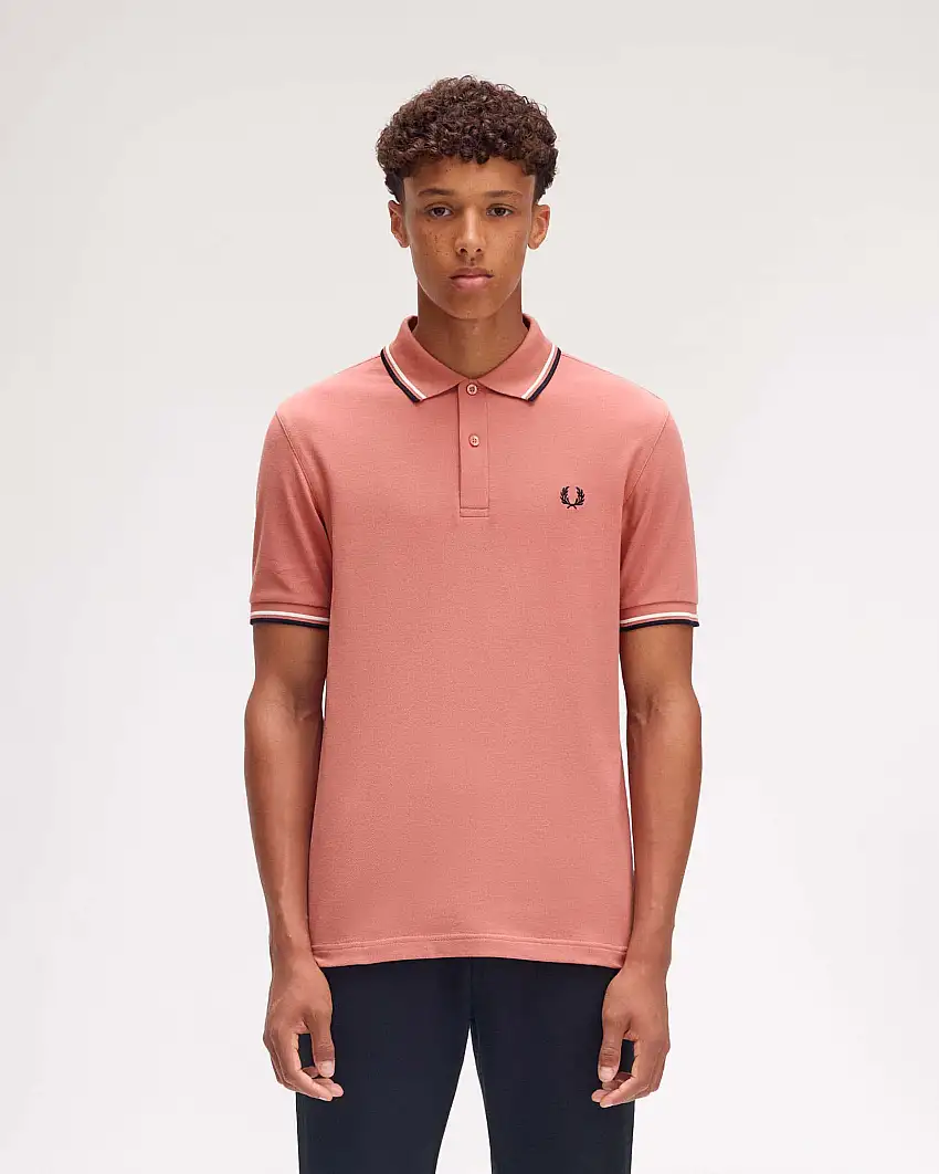 Polo Fred Perry rosa antico mezza manica con bordino blu e bianco