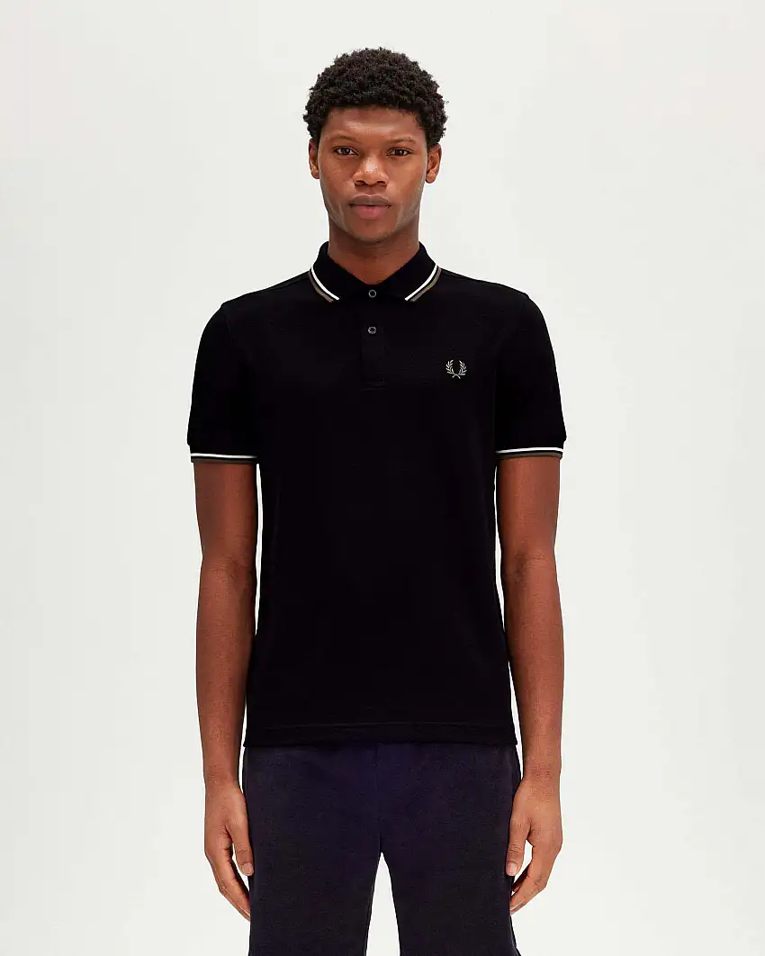 Polo Fred Perry nera mezza manica con bordino militare