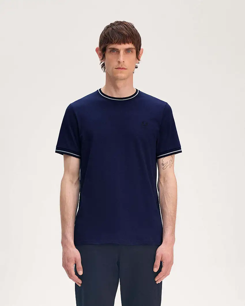 T-shirt mezza manica Fred Perry blu indaco con bordino blu e grigio