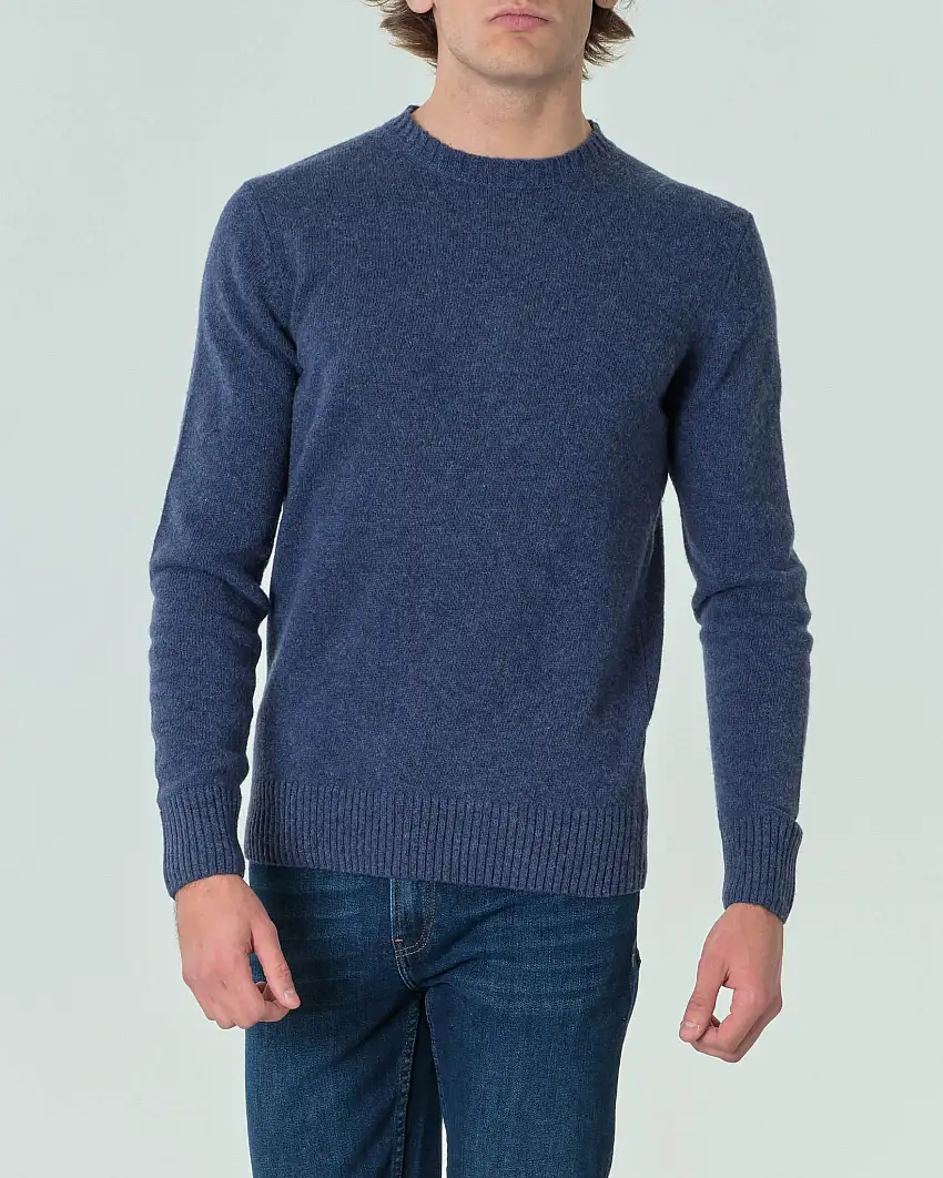 Maglione girocollo blu indaco tinta unita in lana finezza 7