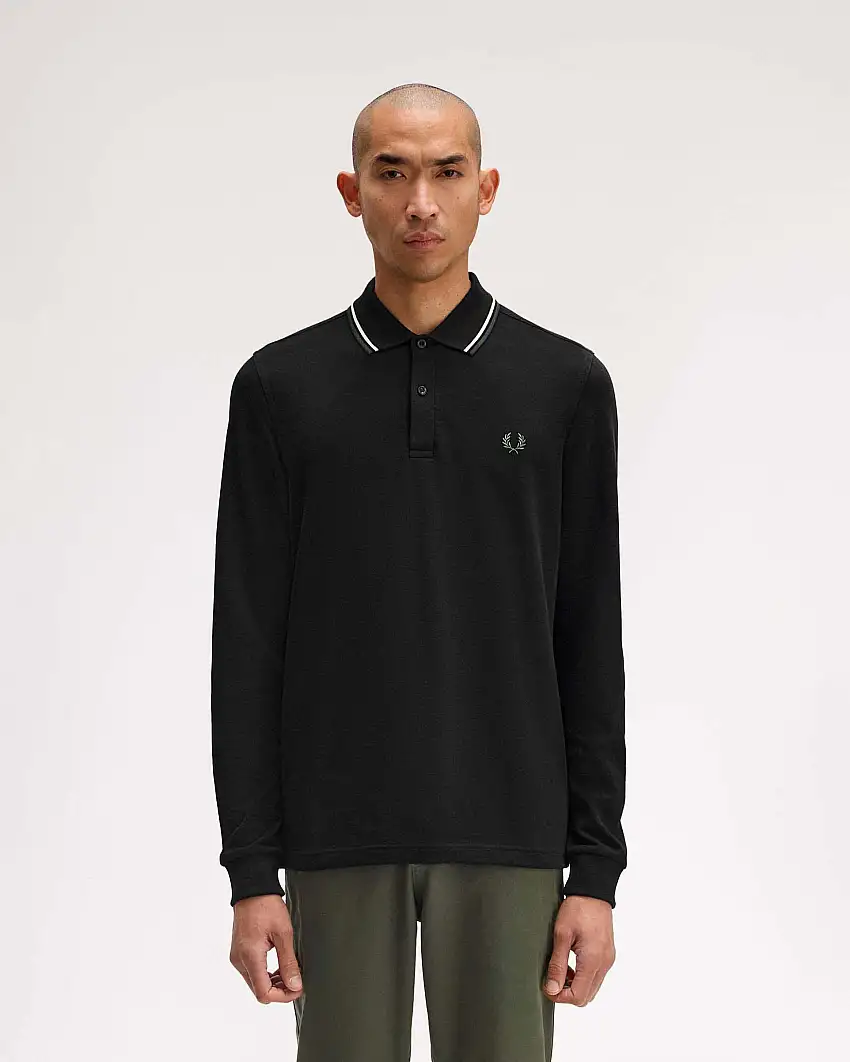 Polo manica lunga Fred Perry nera con bordino bianco e militare