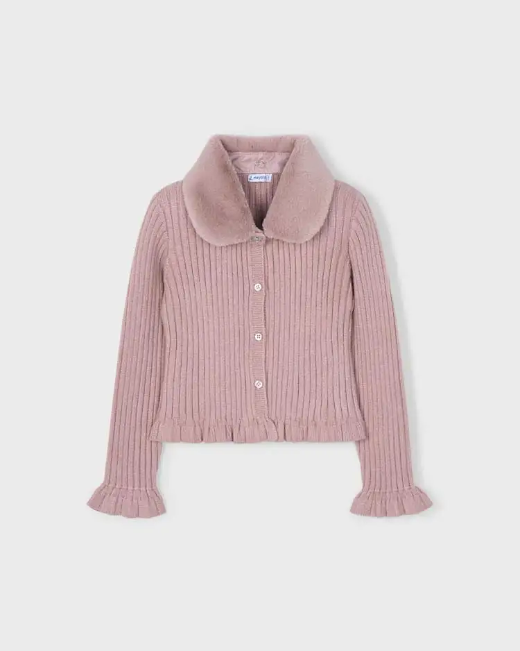 Cardigan Mayoral rosa antico in viscosa a coste con collo pelliccia